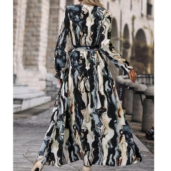 Belted Flounce Sleeve A-Line Marble Print maxi Dress - Picture 3 of 7